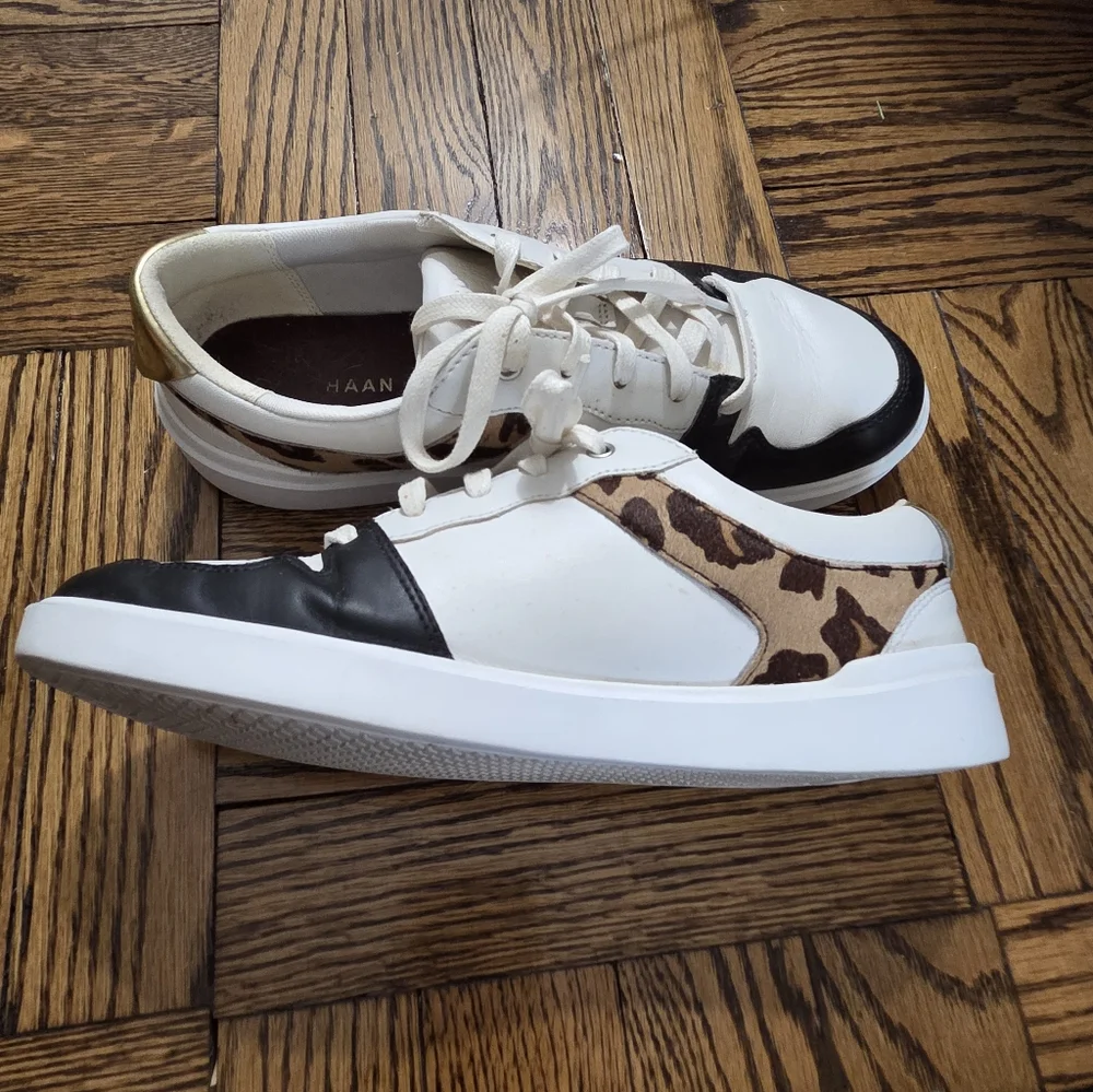 Cole Haan Women's White & Black Leather Leopard-Accent Sneaker Grand Crosscourt - Picture 3 of 16